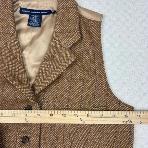 Ralph Lauren Sport Vest Women 10 Brown Herringbone Wool Tweed Waistcoat Academia - Picture 7 of 10